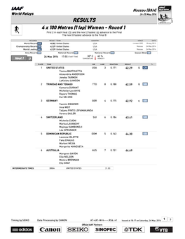 RESULTS 4 X 100 Metres (1 Lap) Women - Round 1 First 2 in Each Heat (Q) and the Next 2 Fastest (Q) Advance to the Final the Next 8 Fastest Advance to the Final B