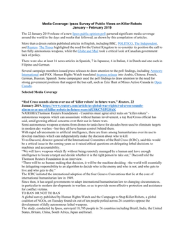 Media Coverage: Ipsos Survey of Public Views on Killer Robots January – February 2019 the 22 January 2019 Release of a New