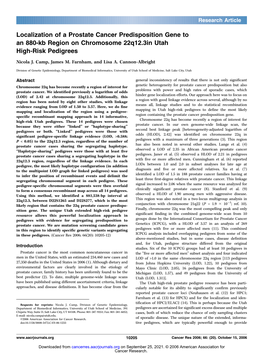 Localization of a Prostate Cancer Predisposition Gene to an 880-Kb Region on Chromosome 22Q12.3 in Utah High-Risk Pedigrees