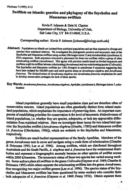 Swiftlets on Islands: Genetics and Phylogeny of the Seychelles and Mascarene Swiftlets