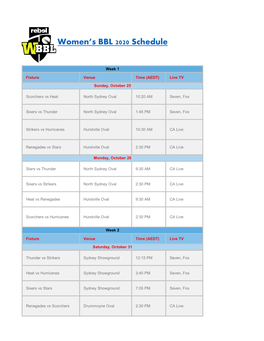 Women's BBL 2020 Schedule