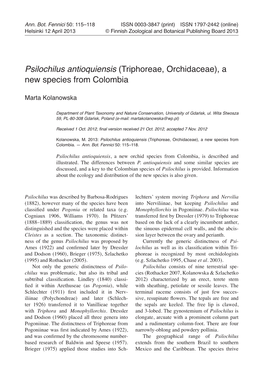 Psilochilus Antioquiensis (Triphoreae, Orchidaceae), a New Species from Colombia