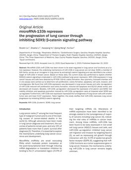 Original Article Microrna-133B Represses the Progression of Lung Cancer Through Inhibiting SOX9/Β-Catenin Signaling Pathway