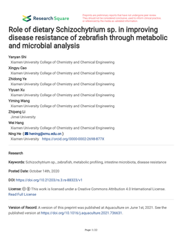 Role of Dietary Schizochytrium Sp. in Improving Disease Resistance of Zebrafsh Through Metabolic and Microbial Analysis