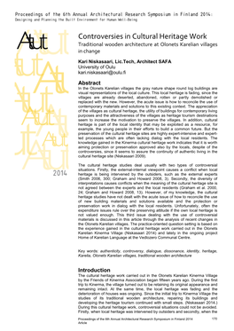 Controversies in Cultural Heritage Work Traditional Wooden Architecture at Olonets Karelian Villages in Change