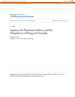 Aquinas, the Plotiniana Arabica, and the Metaphysics of Being and Actuality Richard C