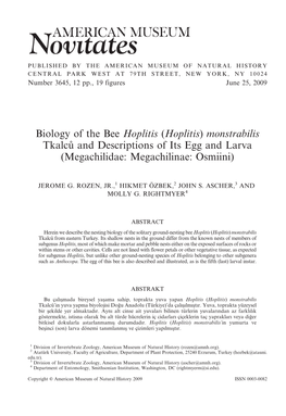 Biology of the Bee Hoplitis (Hoplitis) Monstrabilis Tkalcu˚ and Descriptions of Its Egg and Larva (Megachilidae: Megachilinae: Osmiini)