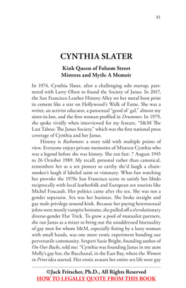 CYNTHIA SLATER Kink Queen of Folsom Street Mistress and Myth: a Memoir