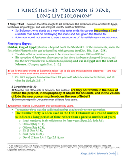 1 Kings 11:41-43 “Solomon Is Dead, Long Live Solomon”