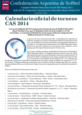 Calendario Oficial De Torneos CAS 2014