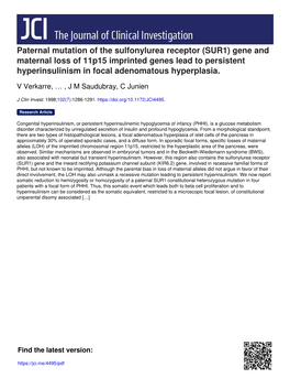 Paternal Mutation of the Sulfonylurea Receptor