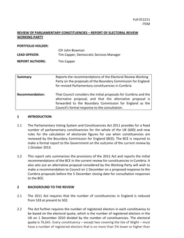 Full 011211 ITEM REVIEW of PARLIAMENTARY CONSTITUENCIES – REPORT of ELECTORAL REVIEW WORKING PARTY PORTFOLIO HOLDER: Cllr Jo