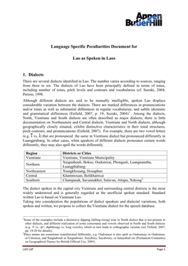 Language Specific Peculiarities Document for Lao As Spoken In