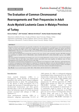 The Evaluation of Common Chromosomal Rearrangements and Their Frequencies in Adult Acute Myeloid Leukemia Cases in Malatya Province of Turkey