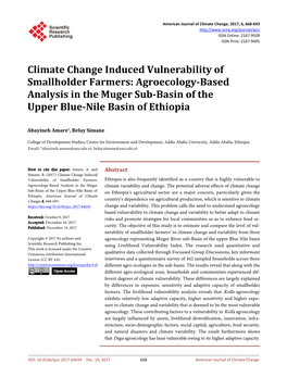 Climate Change Induced Vulnerability of Smallholder Farmers: Agroecology-Based Analysis in the Muger Sub-Basin of the Upper Blue-Nile Basin of Ethiopia