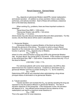 Renal Clearance: General Notes J