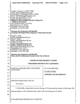 KLA-Tencor Corporation Securities Litigation 06-CV-04065-Certificate