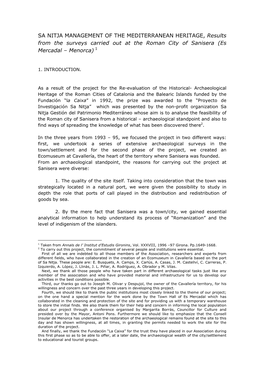 SA NITJA MANAGEMENT of the MEDITERRANEAN HERITAGE, Results from the Surveys Carried out at the Roman City of Sanisera (Es Mercadal – Menorca) 1