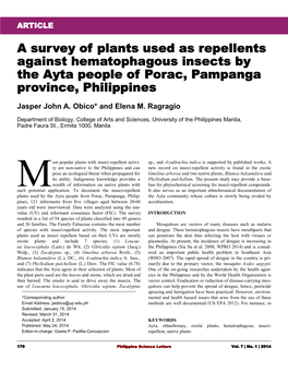 A Survey of Plants Used As Repellents Against Hematophagous Insects by the Ayta People of Porac, Pampanga Province, Philippines