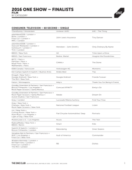 2016 One Show – Finalists Film by Category