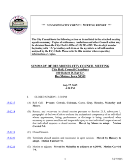 Des Moines City Council Summary for July 27, 2015 Regular Meeting