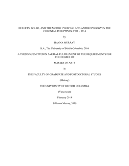 Bullets, Bolos, and the Moros: Policing and Anthropology in the Colonial Philippines, 1901 – 1914