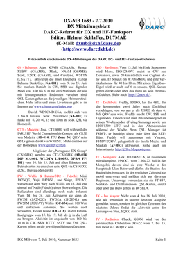 7.7.2010 DX Mitteilungsblatt DARC-Referat Für DX Und HF-Funksport Editor: Helmut Schlaffer, DL7MAE (E-Mail: Dxmb@Dxhf.Darc.De) (