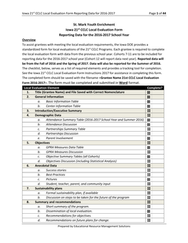 St. Mark Youth Enrichment Iowa 21St CCLC Local Evaluation Form