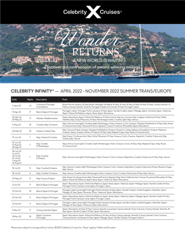 Celebrity Infinity® — April 2022 - November 2022 Summer Trans/Europe