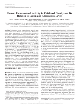 Human Paraoxonase-1 Activity in Childhood Obesity and Its Relation to Leptin and Adiponectin Levels