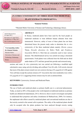 In-Vitro Cytotoxicity of Three Selected Medicinal Plant Extracts from Kenya