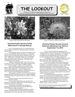 THE LOOKOUT Volume XLVII Number 5 September October 2010 OFFICIAL NEWSLETTER of the HUNDRED PEAKS SECTION Angeles Chapter