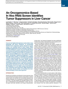 An Oncogenomics-Based in Vivo Rnai Screen Identifies Tumor