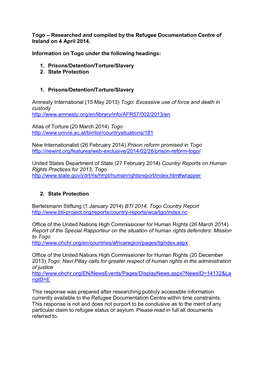 Togo – Researched and Compiled by the Refugee Documentation Centre of Ireland on 4 April 2014