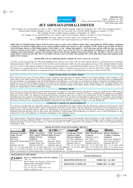 JET AIRWAYS (INDIA) LIMITED (The Company Was Incorporated on April 1, 1992, As a Private Limited Company Under the Companies Act, 1956