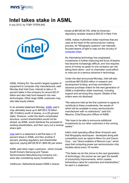 Intel Takes Stake in ASML 9 July 2012, by TOBY STERLING