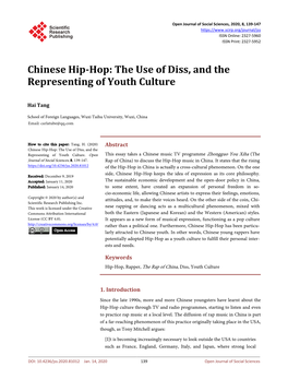 Chinese Hip-Hop: the Use of Diss, and the Representing of Youth Culture