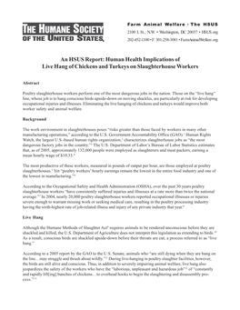 An HSUS Report: Human Health Implications of Live Hang of Chickens and Turkeys on Slaughterhouse Workers