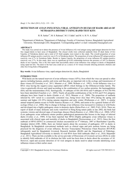 Detection of Avian Influenza Viral Antigen in Ducks of Haor Areas of Netrakona District Using Rapid Test Kits