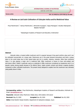 A Review on Lab Scale Cultivation of Calocybe Indica and Its Medicinal Value