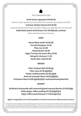 Lamb Shank Roganjosh £18.00 (D) Lucknow Chicken Biryani £14.50 (D