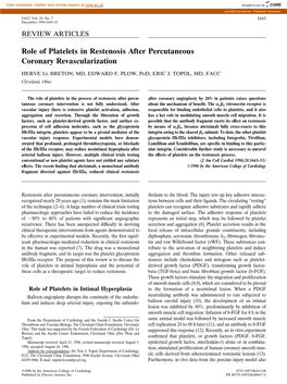 Role of Platelets in Restenosis After Percutaneous Coronary Revascularization