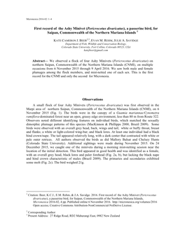 First Record of the Ashy Minivet (Pericrocotus Divaricatus), a Passerine Bird, for Saipan, Commonwealth of the Northern Mariana Islands 1