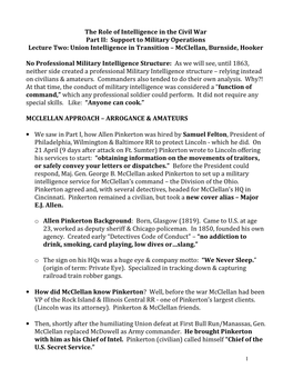 The Role of Intelligence in the Civil War Part II: Support to Military Operations Lecture Two: Union Intelligence in Transition – Mcclellan, Burnside, Hooker