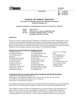 NOTICE of PUBLIC MEETING to Be Held by the Planning and Growth Management Committee (Under the Planning Act)