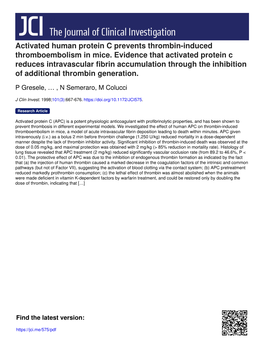 Activated Human Protein C Prevents Thrombin-Induced Thromboembolism in Mice. Evidence That Activated Protein C Reduces Intravasc