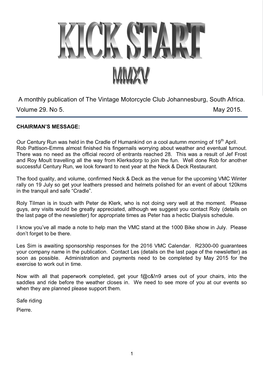 A Monthly Publication of the Vintage Motorcycle Club Johannesburg, South Africa