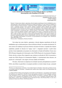 Lutas E Memórias De Trabalhadores No Setor Rolim De Moura E a Produção Historiográfica Sobre Rondônia (1970-1980)