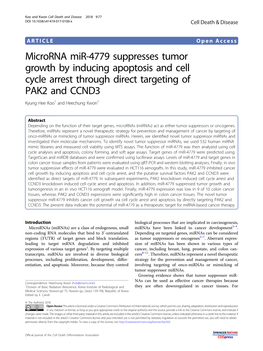 Microrna Mir-4779 Suppresses Tumor Growth by Inducing Apoptosis and Cell Cyclearrestthroughdirecttargetingof PAK2 and CCND3 Kyung Hee Koo1 Andheechungkwon1