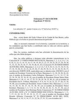 Honorable Concejo Deliberante Municipalidad De San Benito Ordenanza Nº 424/14 HCDSB Expediente Nº 812/14 VISTO: Los Artículos